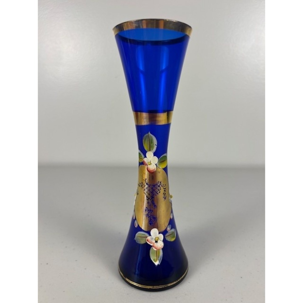 Vintage Cobalt Blue Bohemian Czech Hand Painted Bud Vase  Gold‎ Trimmed  Decor